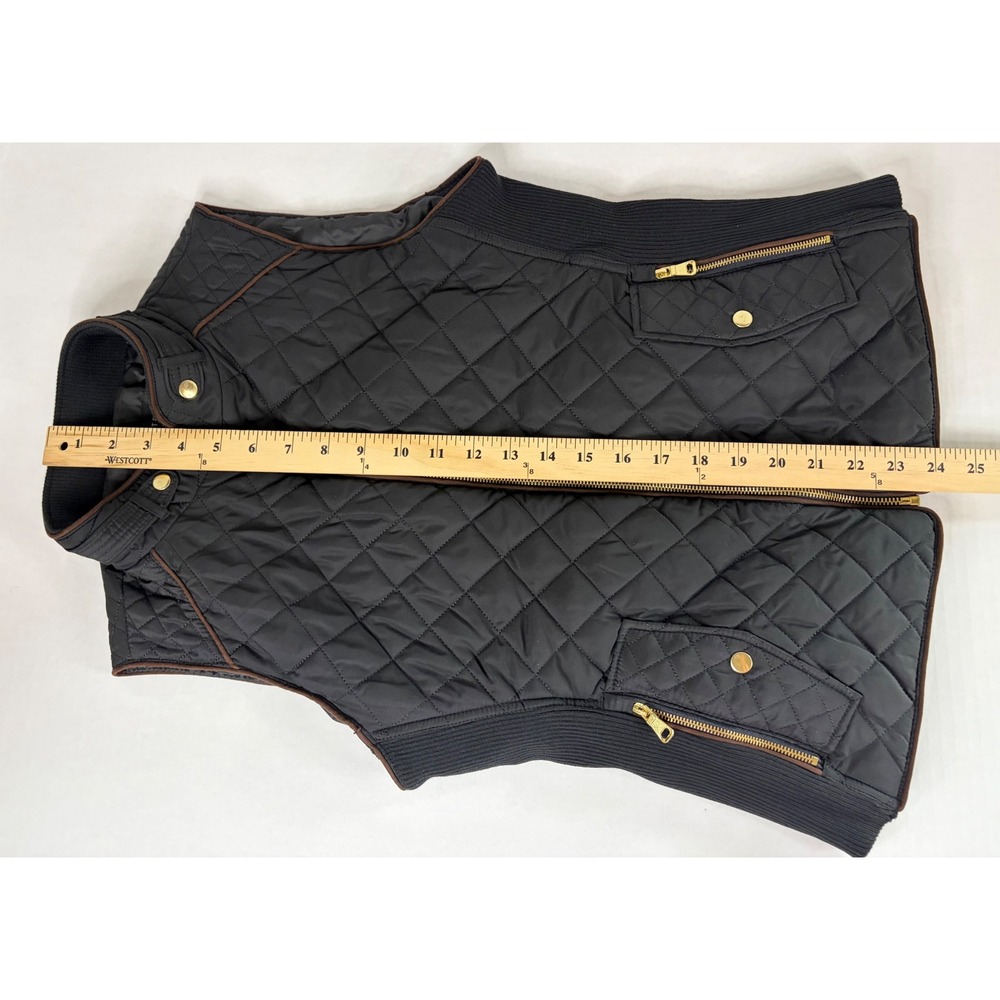 Love Tree Womens Quilted Puffer Vest Black Gold Zip Brown Trim Small Lightweight - Picture 7 of 10